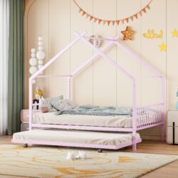 Full Size House Bed With Twin Size Trundle - Pink