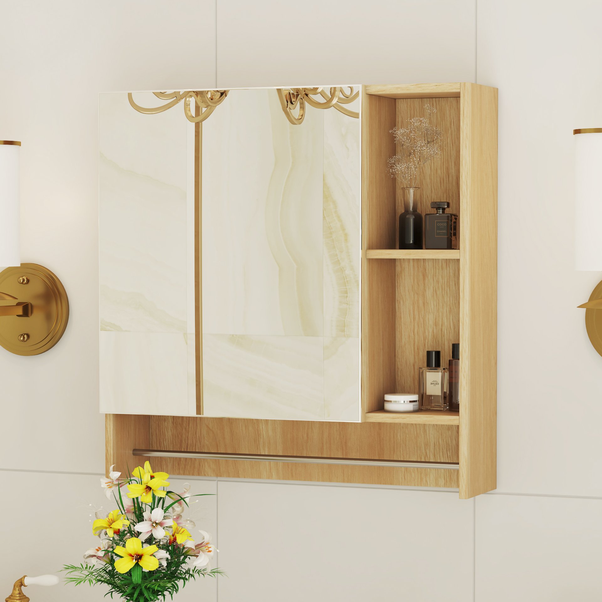 Bathroom Mirror Cabinet Wall Mounted, Medicine Cabinet, Over The Toilet Storage Cabinet With Shelves And Towel Rack - Burly Wood - Image 7