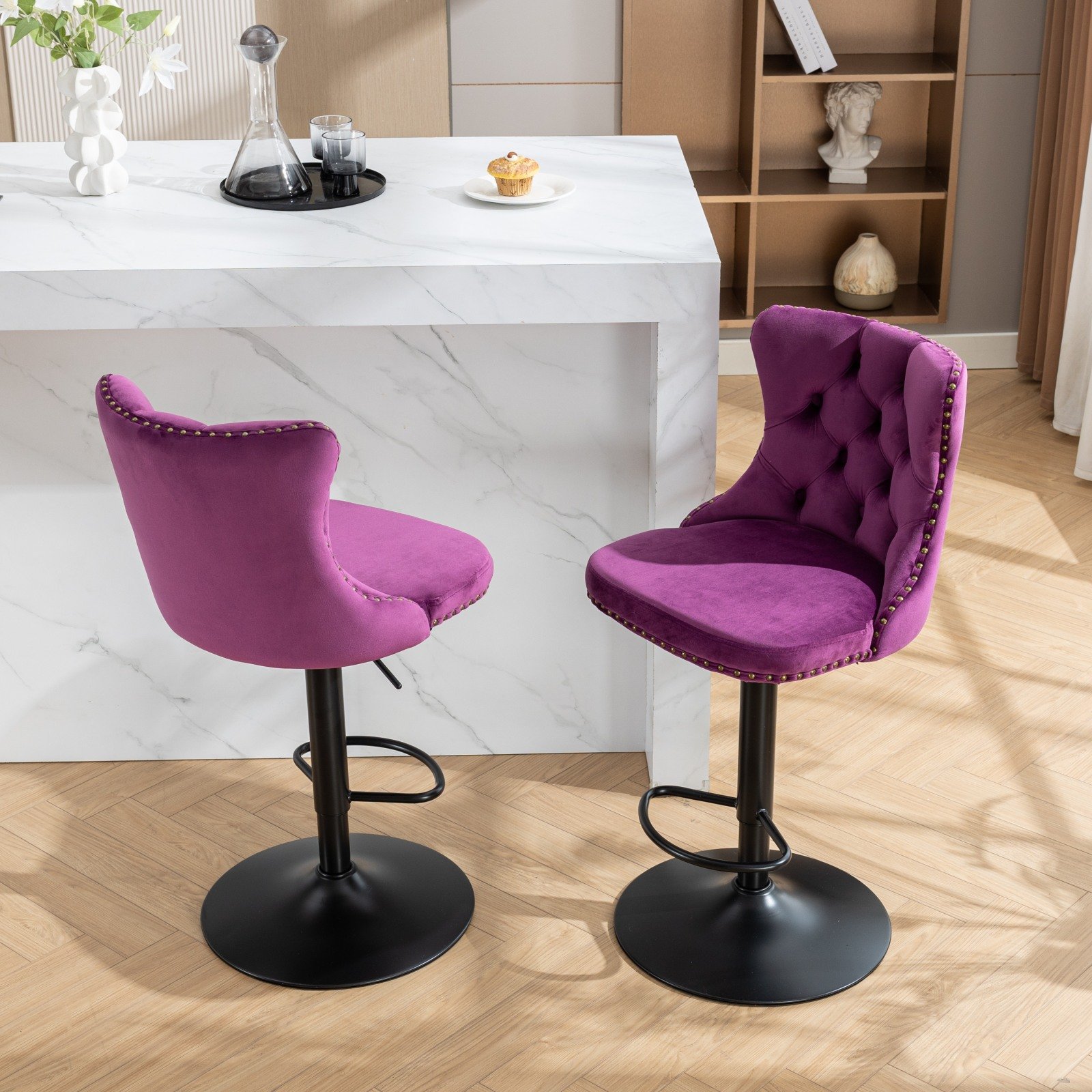 Swivel Velvet Barstools Adjusatble Seat Height, Modern Upholstered Bar Stools With Backs Comfortable Tufted For Home Pub And Kitchen Island (Set of 2) - Purple - Image 14