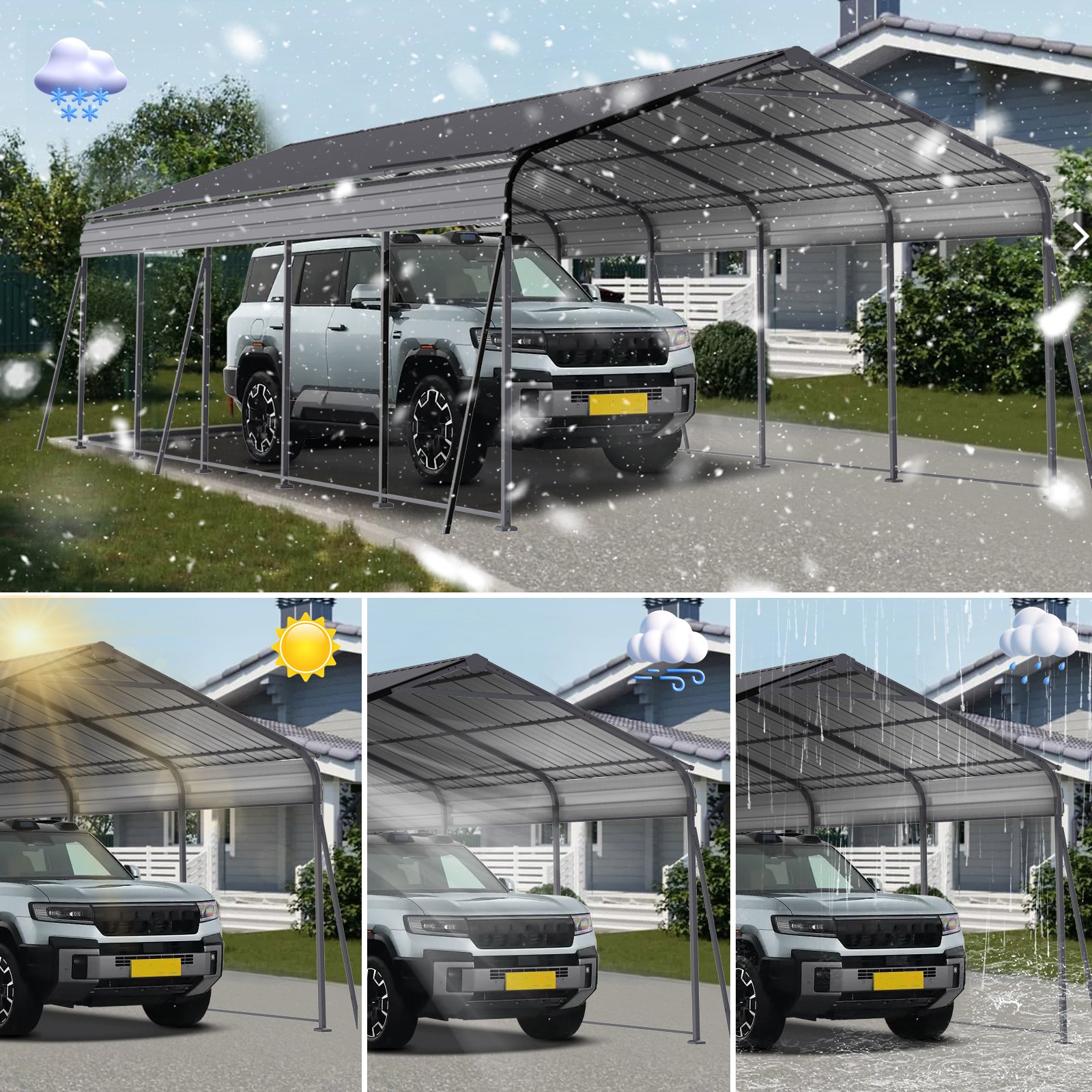 Metal Carport 13 X 26.5 Ft Heavy Duty With Galvanized Steel Roof Metal Garage Canopy With Galvanized Steel Roof & Frame Car Tent Outdoor Storage Shed For Car Boats And Truck - Gray - Image 2
