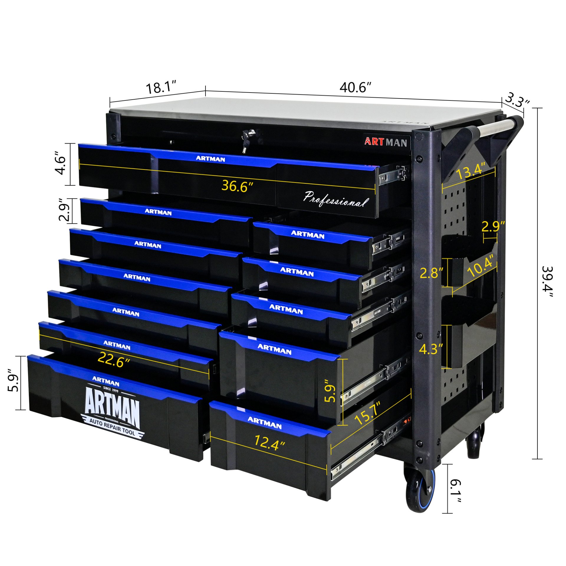 12 Layer Drawer Multi Purpose Tool Cart With Wheels And Iron Top - Black / Blue - Image 3
