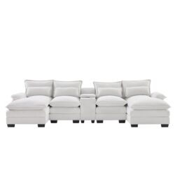 Modern U Shaped Sofa With Console, Cupholders And USB Ports, 6 Seat Upholstered Symmetrical Indoor Furniture, Sleeper Couch Set With Chaise - White