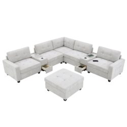 Sectional With Acrylic Table Top U Shaped Couch Set With 2 Consoles USB Charger, Storage Drawers And Pockets Movable Ottoman Tufted Sofa - Light Gray