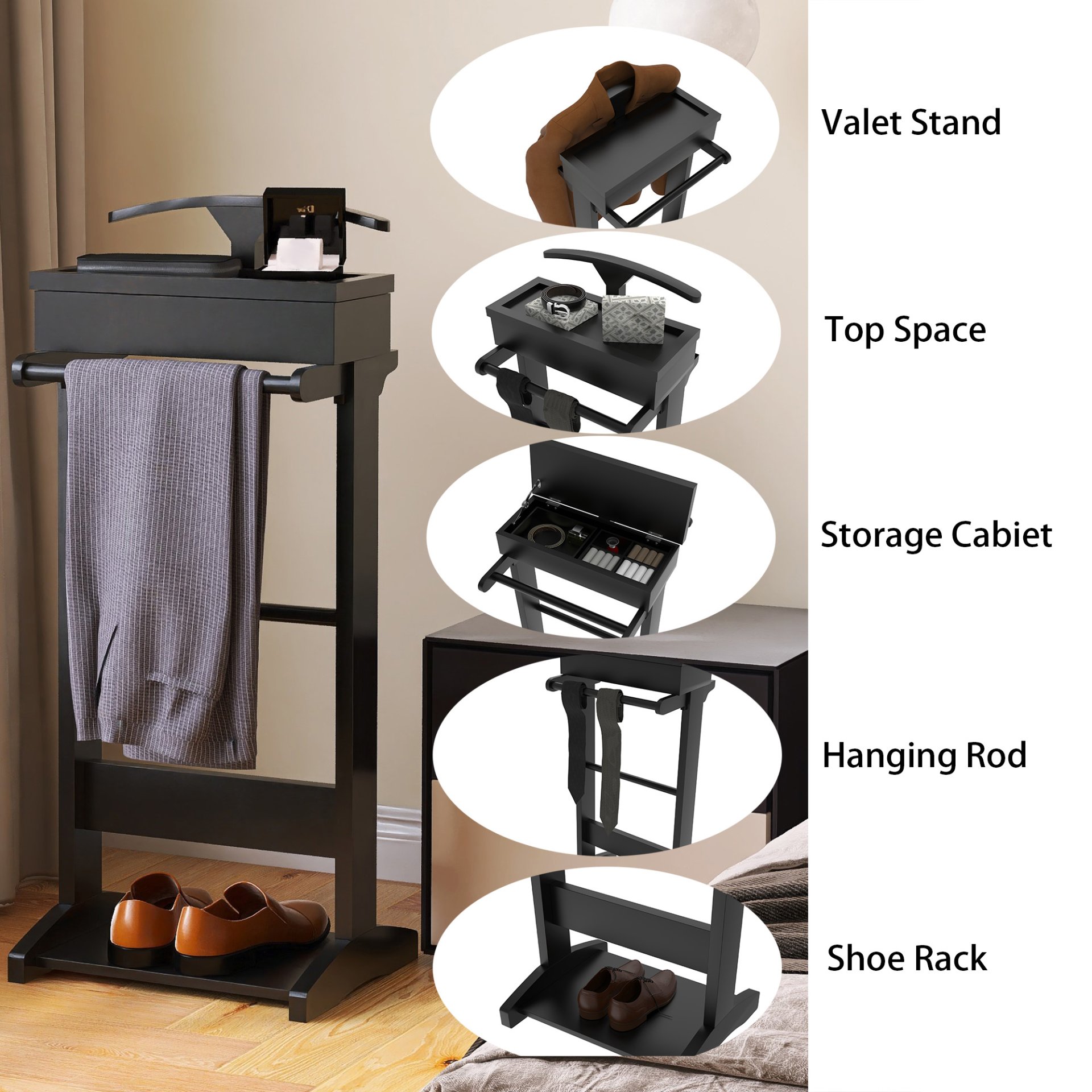 Portable Garment Rack, Clothes Valet Stand With Storage Organizer - Black - Image 6