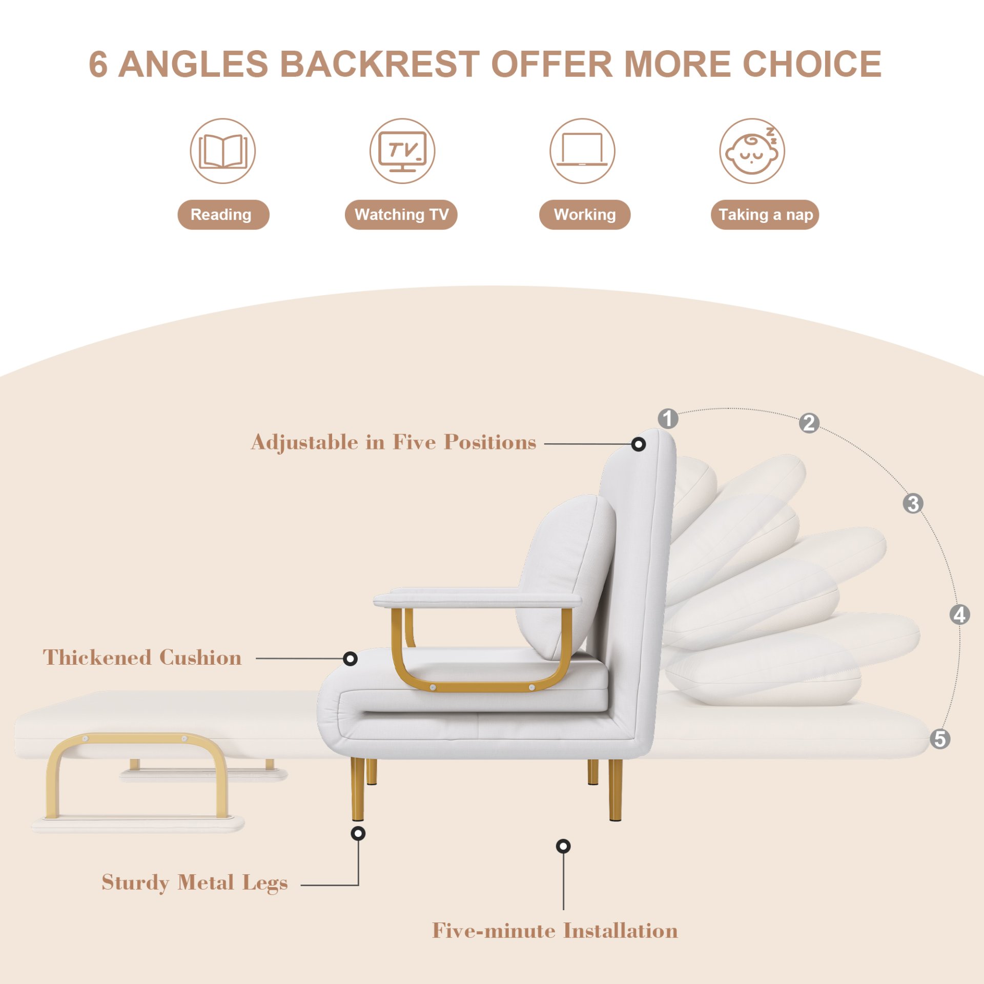 3 In 1 Convertible Folding Sofa Bed With Adjustable Backrest And Pillow - White - Image 19