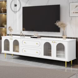 Modern TV Stand, TV Cabinet With 5 Metal Legs And Metal Handles, 2 Drawers And 2 Cabinets With Fluted Glass Doors For Living Room, Up To 80" - White