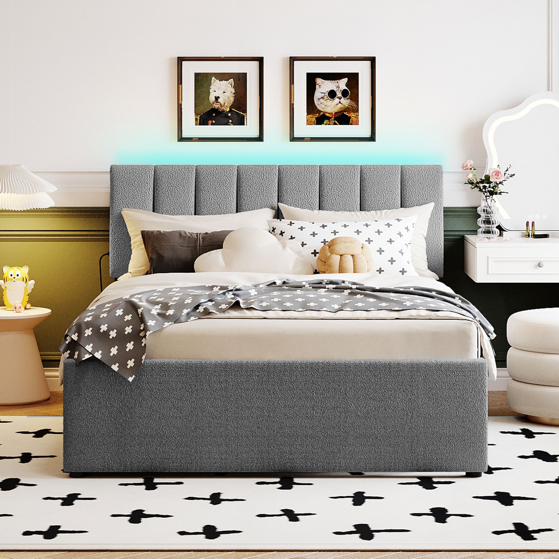 Full Size Upholstered Platform Bed With Twin Size Trundle - Gray - Image 2