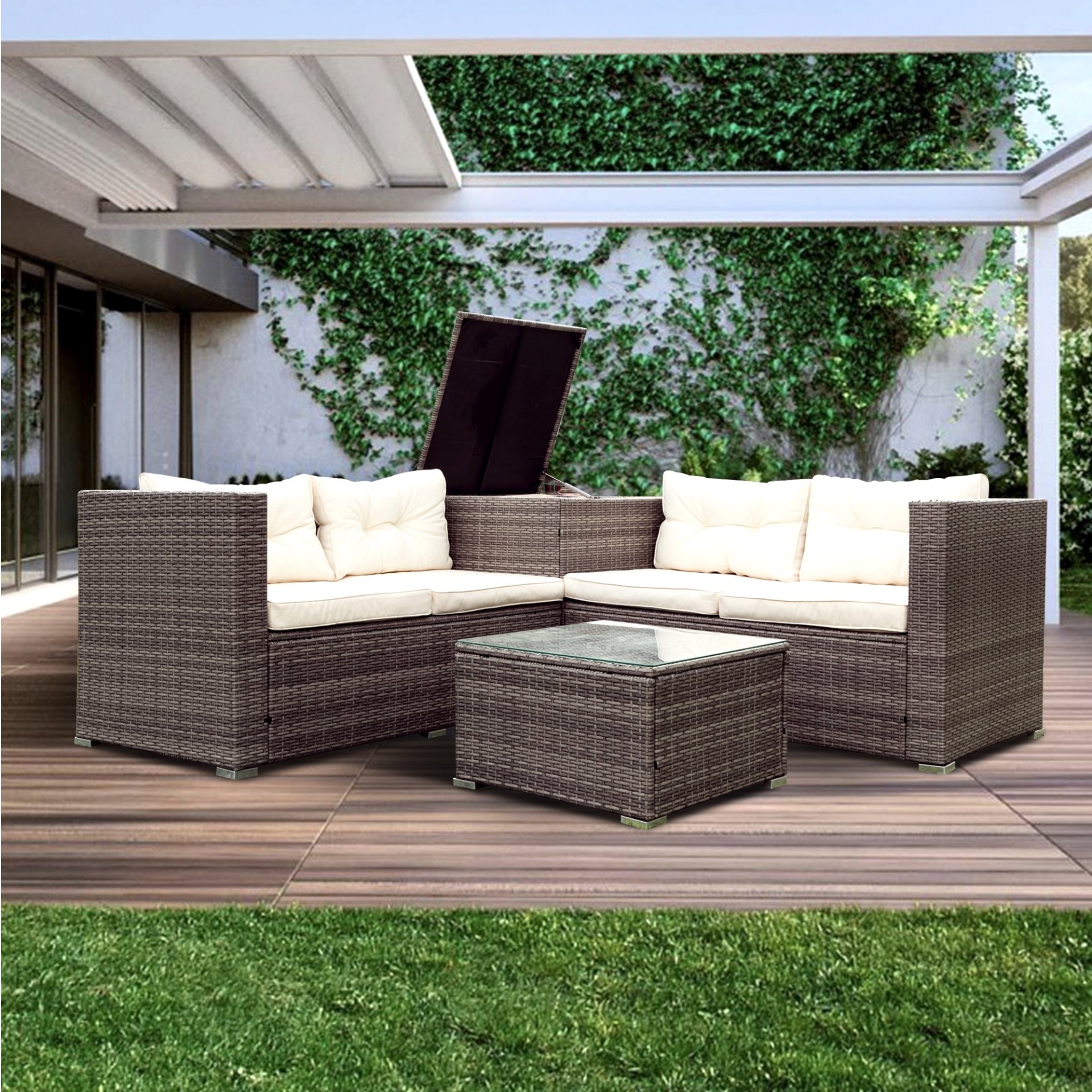 4 Piece Patio Sectional Wicker Rattan Outdoor Furniture Sof Set With Storage Box - Gray / Creme - Image 2