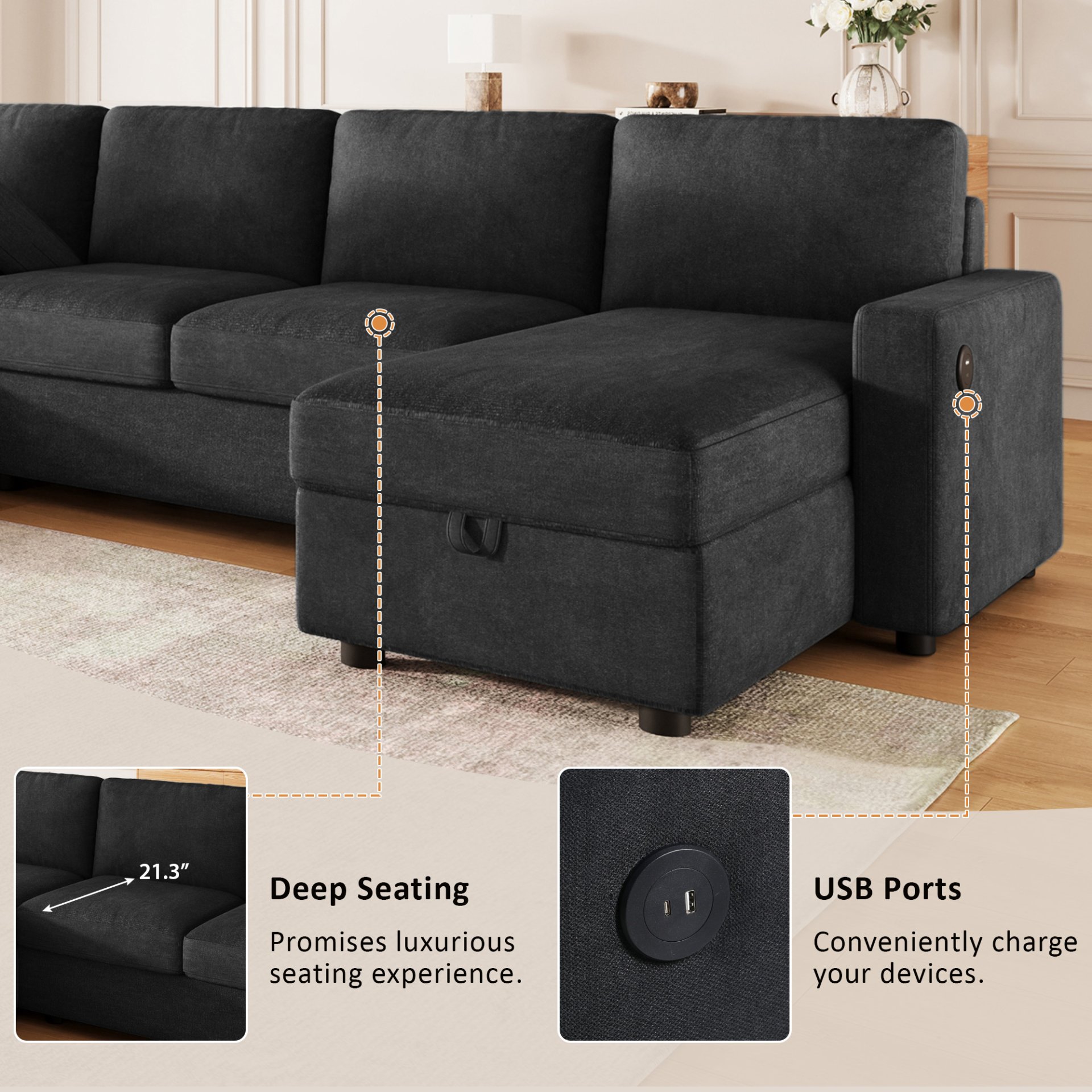 Convertible U Shaped Sectional Sofa With Storage Chaise Lounges And USB Ports - Black - Image 6