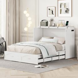 Full Size Murphy Wall Bed With Drawer And A Set Of Sockets & USB Ports, Pulley Structure Design - White