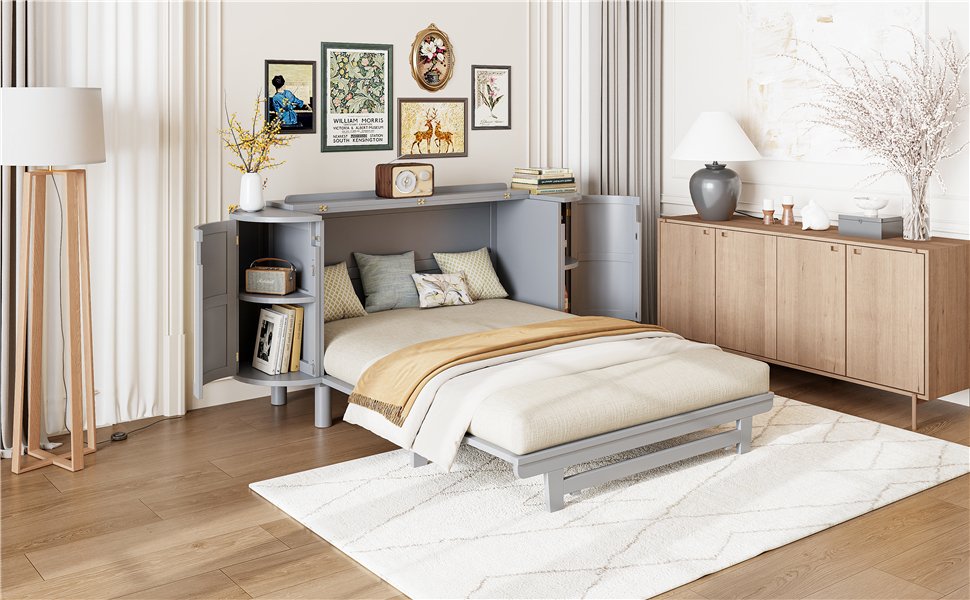 Queen Murphy Bed With Hidden Storage & Modern Woven Design - Gray - Image 16