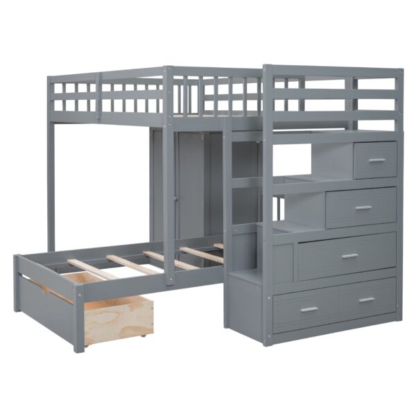 Full Over Twin Bunk Bed With Wardrobe, Drawers - Gray