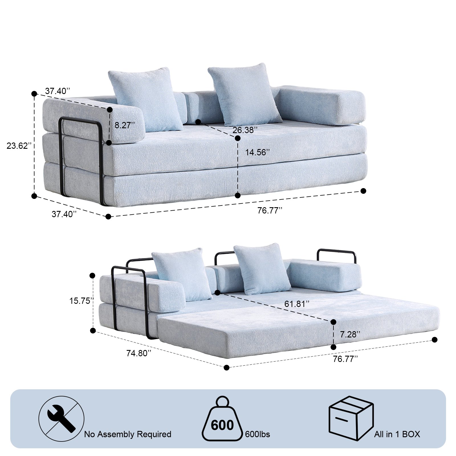 Floor Couch, Compression Sofa, Convertible Floor Sofa Bed With Pillow Back Support Armrest - Light Blue - Image 3