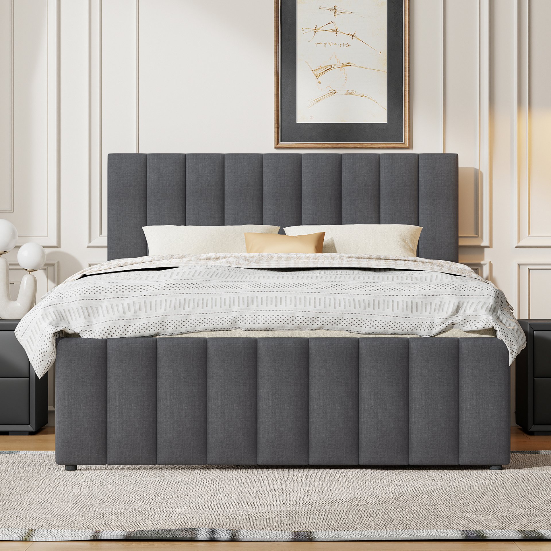 Full Size Upholstered Platform Bed With Twin Size Trundle And 3 Drawers - Gray - Image 2