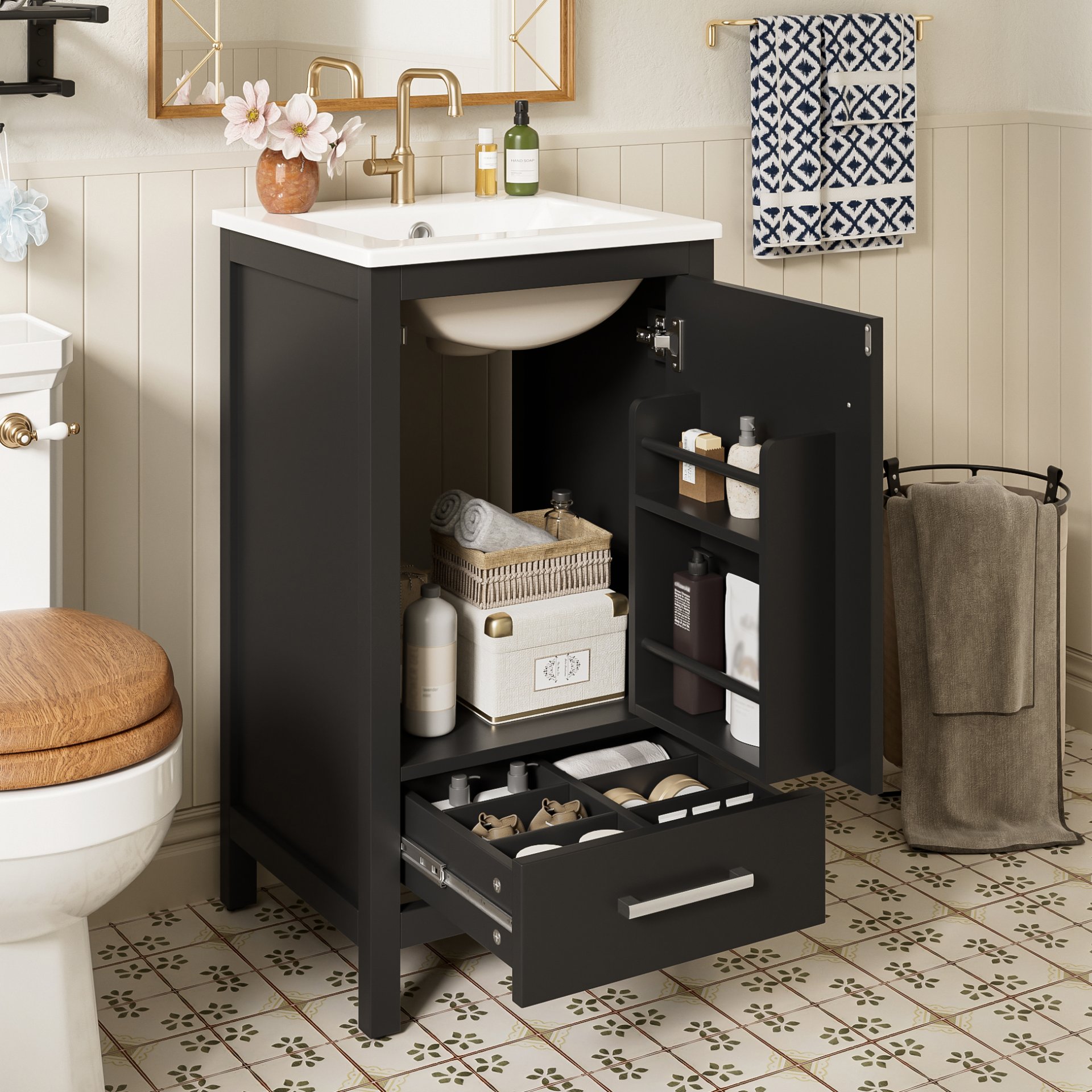 18" Bathroom Vanity With Sink, Soft Close Drawers, Door Organizer, Divider Drawer, Adjustable Foot Pads - Black - Image 2