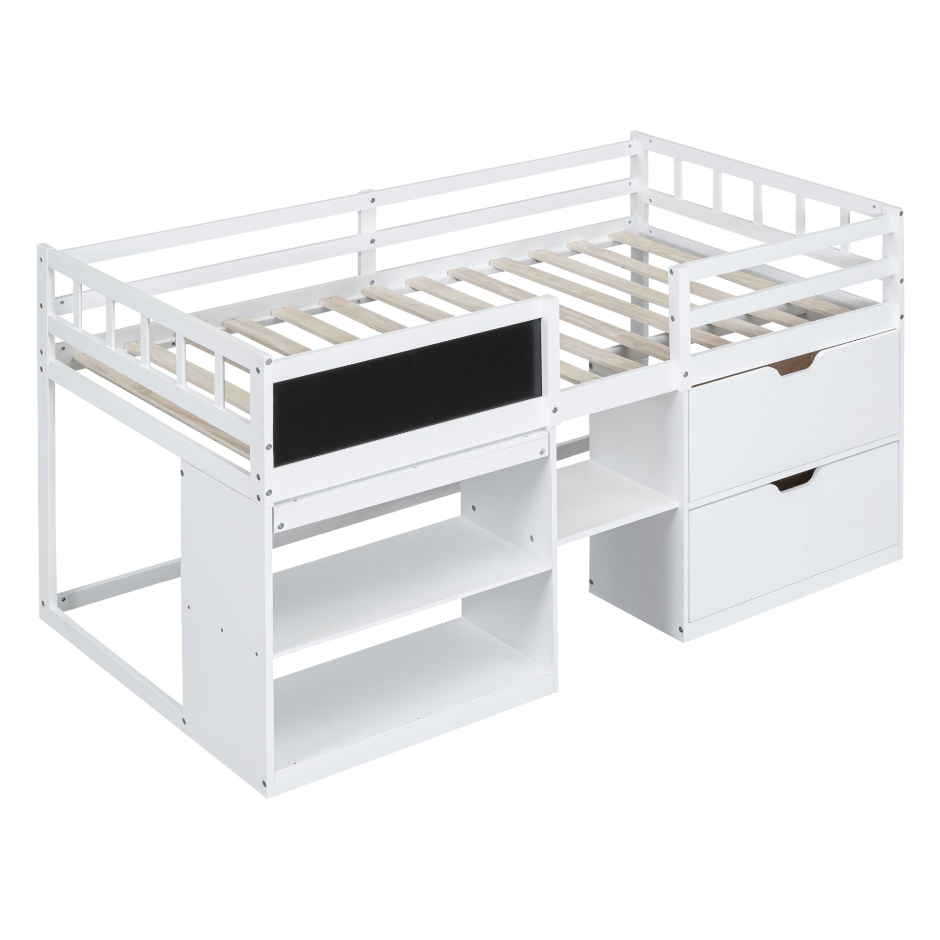 Twin Size Low Loft Bed With Rolling Desk, Shelf And Drawers - White - Image 5