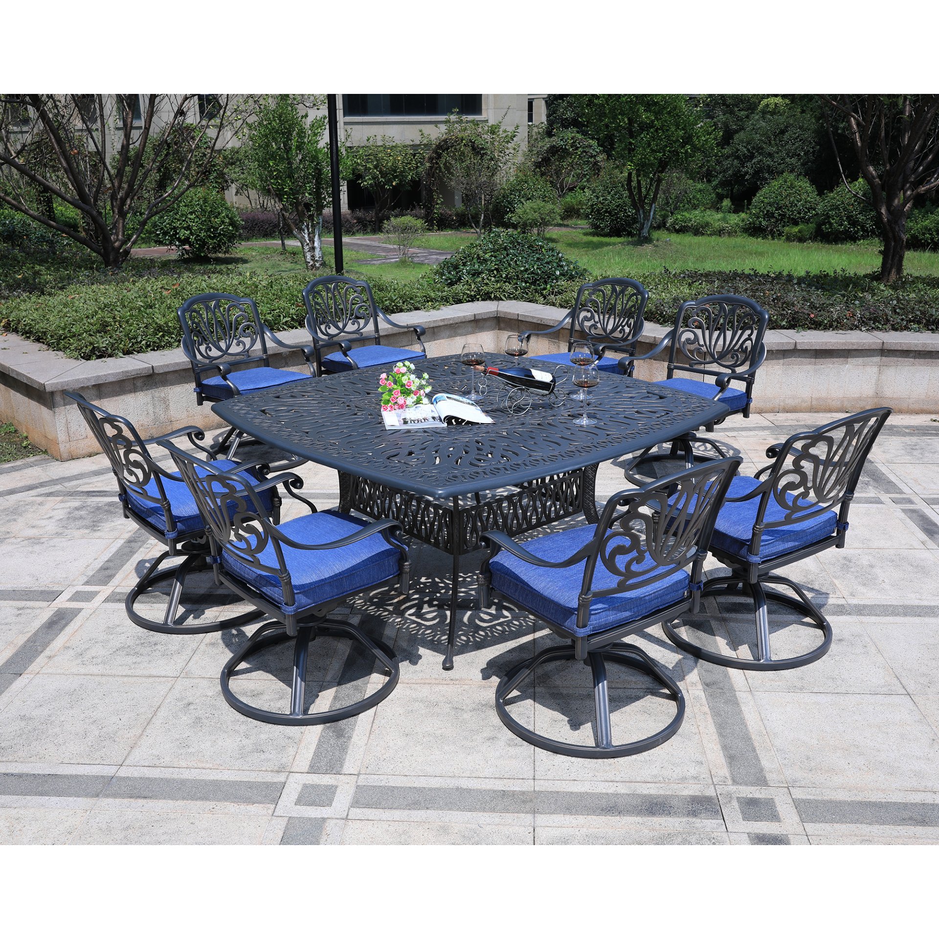 Square 8 Person 64" Long Aluminum Dining Set With Cushions With Swivel And Rocking Chairs - Gray / Navy - Image 4