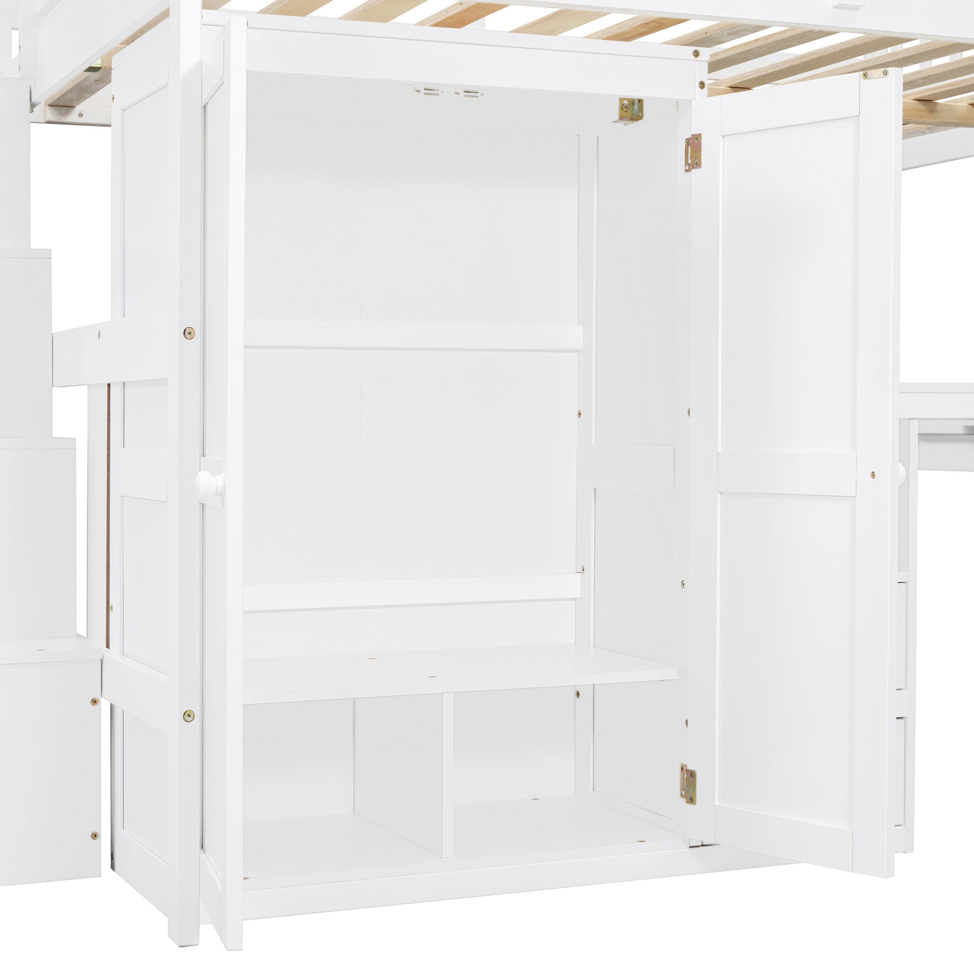 Full Size Loft Bed With Stairs, Bookshelf, Drawers, Desk & Wardrobe, Space Saving Multifunctional Furniture - White - Image 10