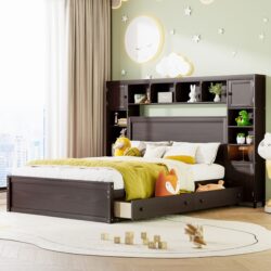 Queen Size Bed With All In One Cabinet, Shelf And Sockets - Espresso