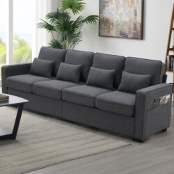 4 Seater Modern Linen Sofa With Armrest Pockets And 4 Pillows, Minimalist Style Couch - Dark Gray