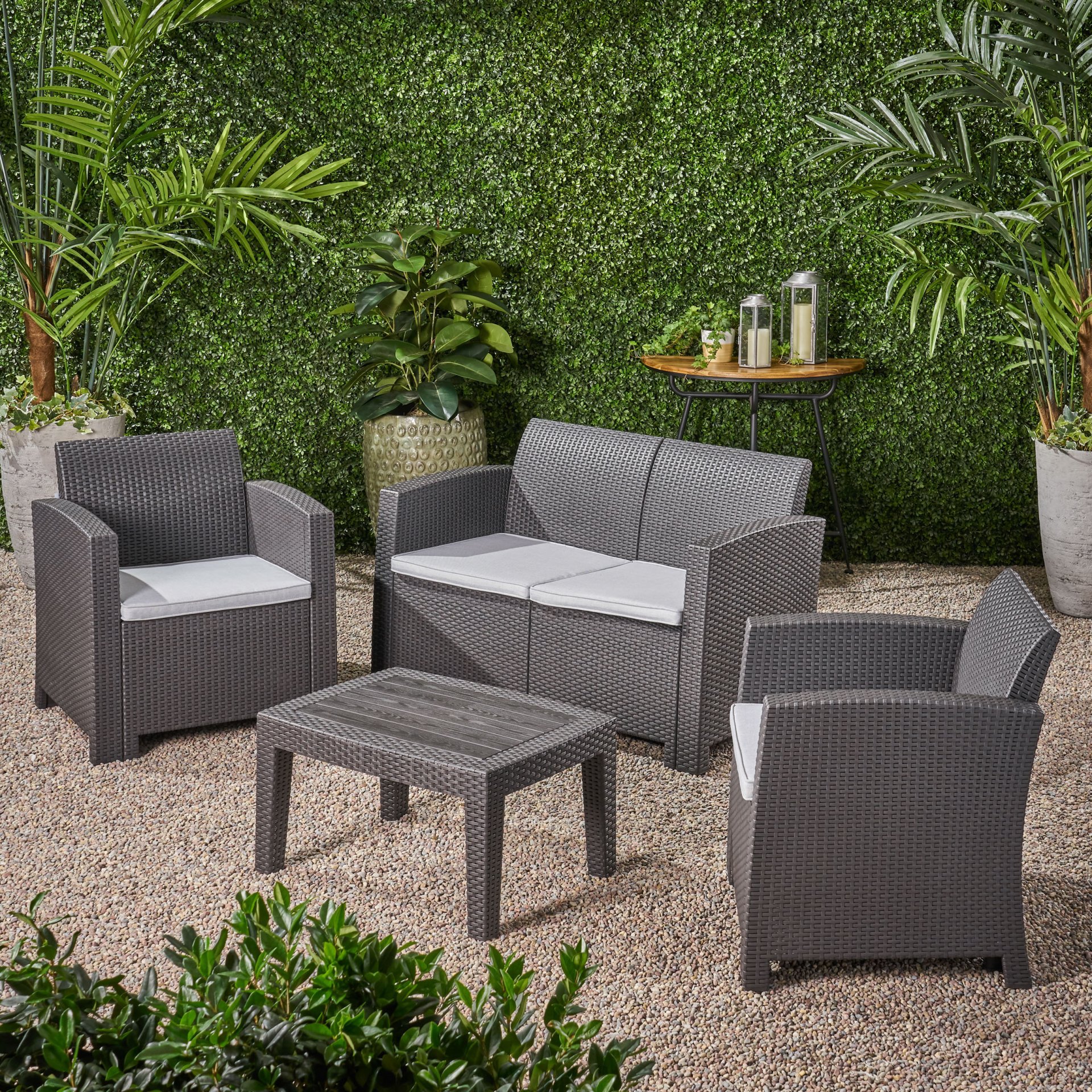 Zephyra - Outdoor 4 Piece Faux Wicker Rattan Chat Set With Water Resistant Cushions - Gray - Image 9