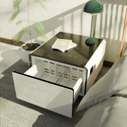 Modern Smart Side Table With Built-In Fridge, Wireless Charging, Temperature Control, Power Socket, USB Ports, Outlet Protection, Induction Light - White