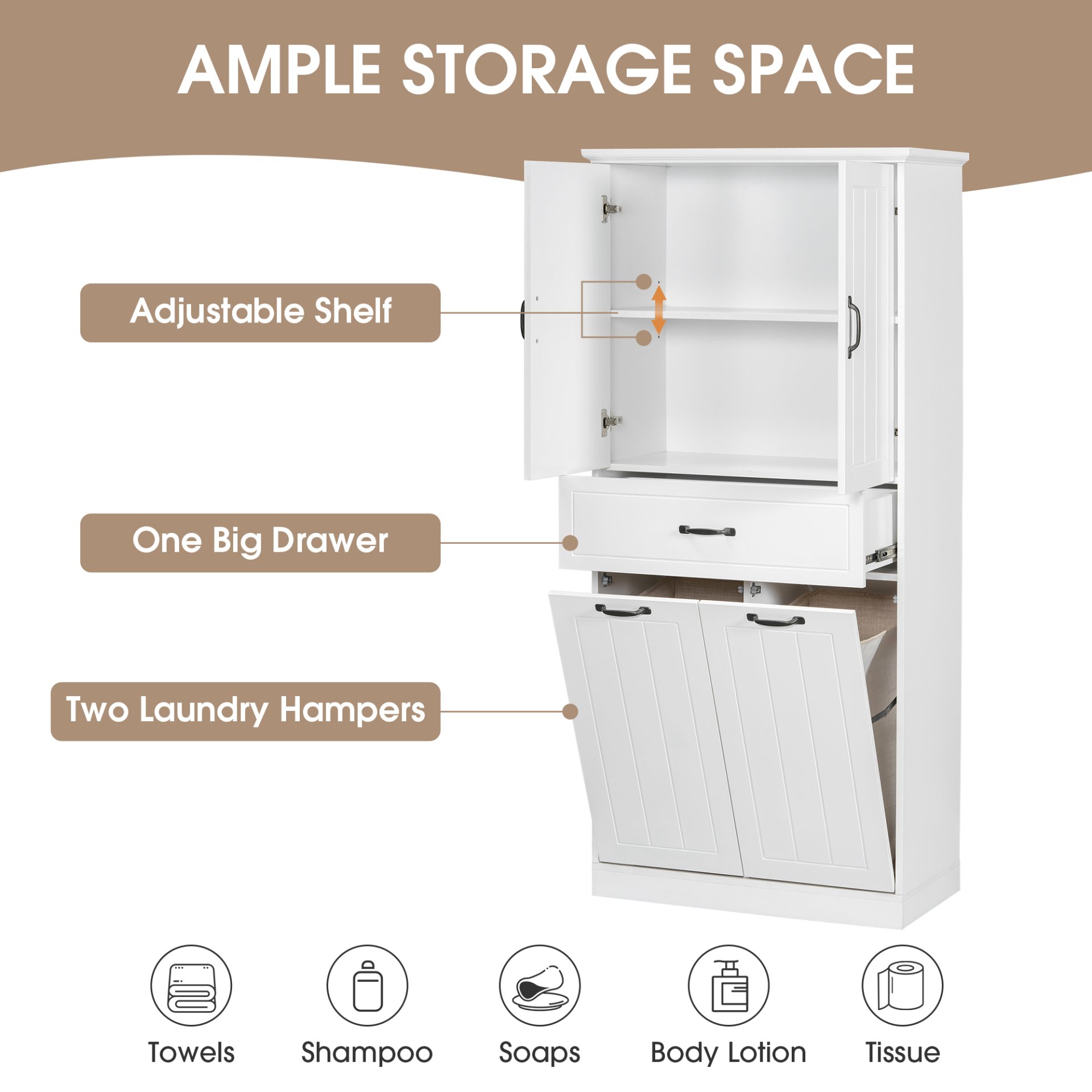 Modern Bathroom Storage Cabinet With 2 Laundry Baskets, 1 Drawer, Adjustable Shelf - White - Image 9