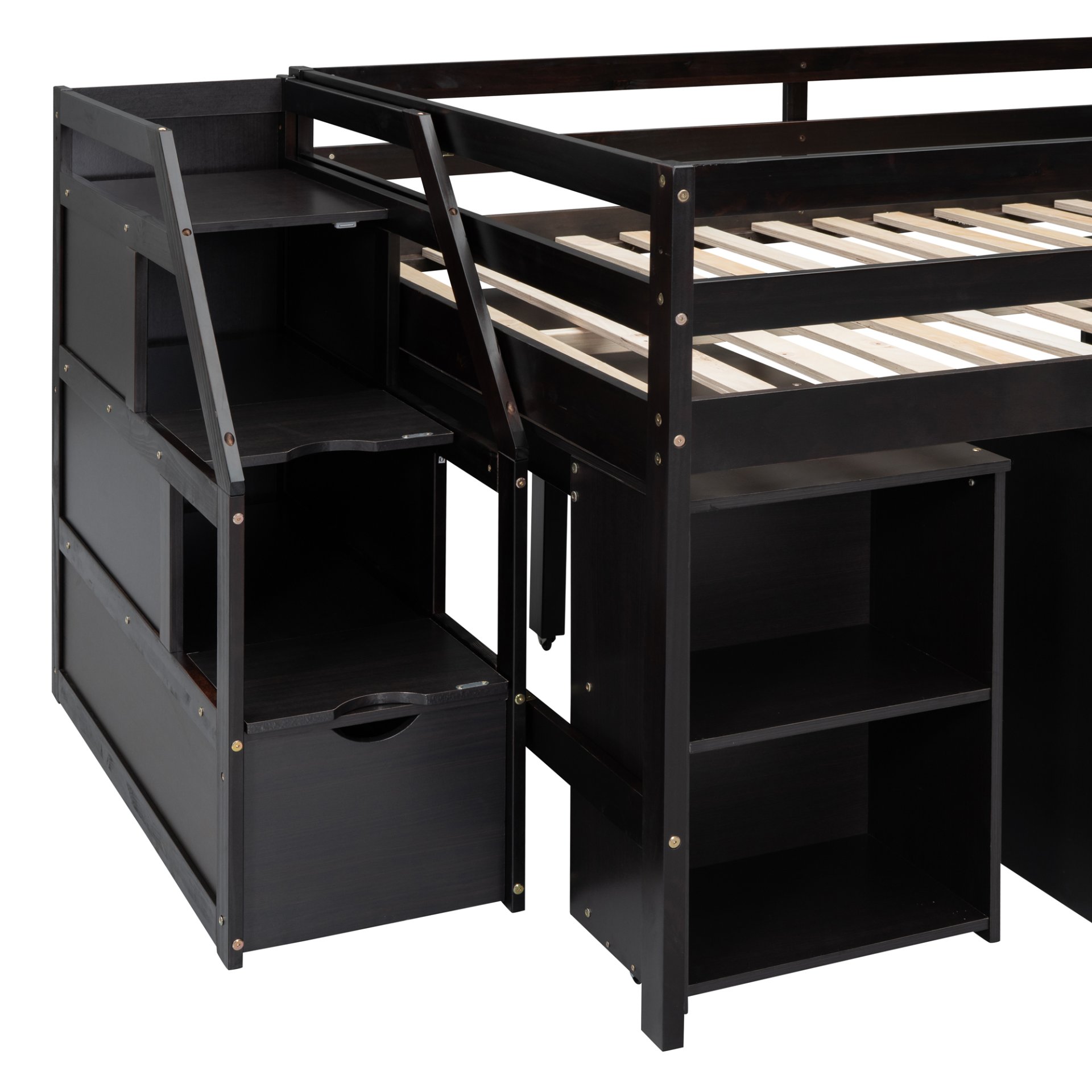Full Size Loft Bed With Retractable Writing Desk And 3 Drawers With Storage Stairs And Shelves - Espresso - Image 13