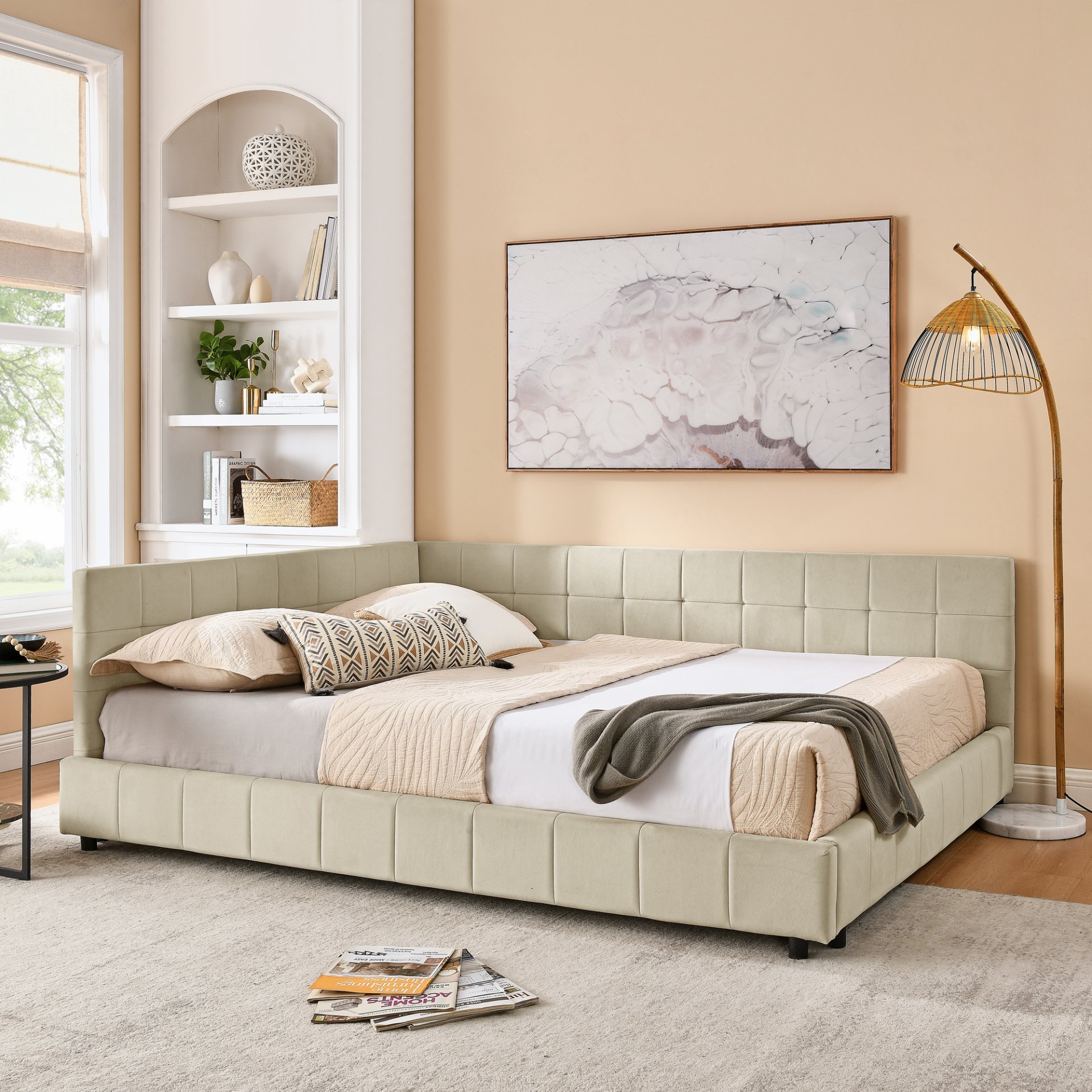 Mid Century Upholstered Tufted Queen Bed Frame With Backrest And Armrests - Beige - Image 5