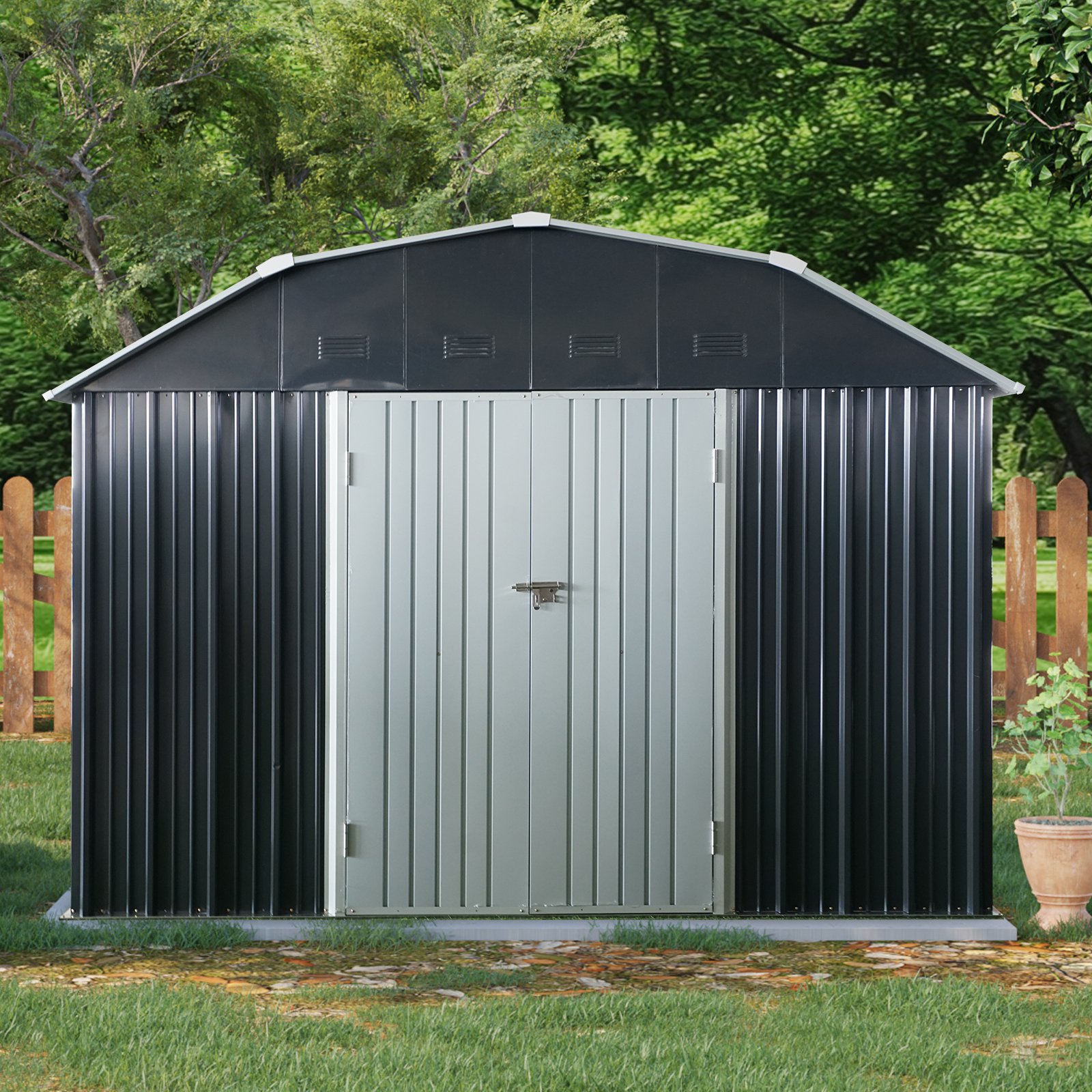 10 Ft X 12 Ft Outdoor Metal Storage Shed With Arch Roof With Lockable Doors For Backyard Garden Patio Lawn - Black - Image 4