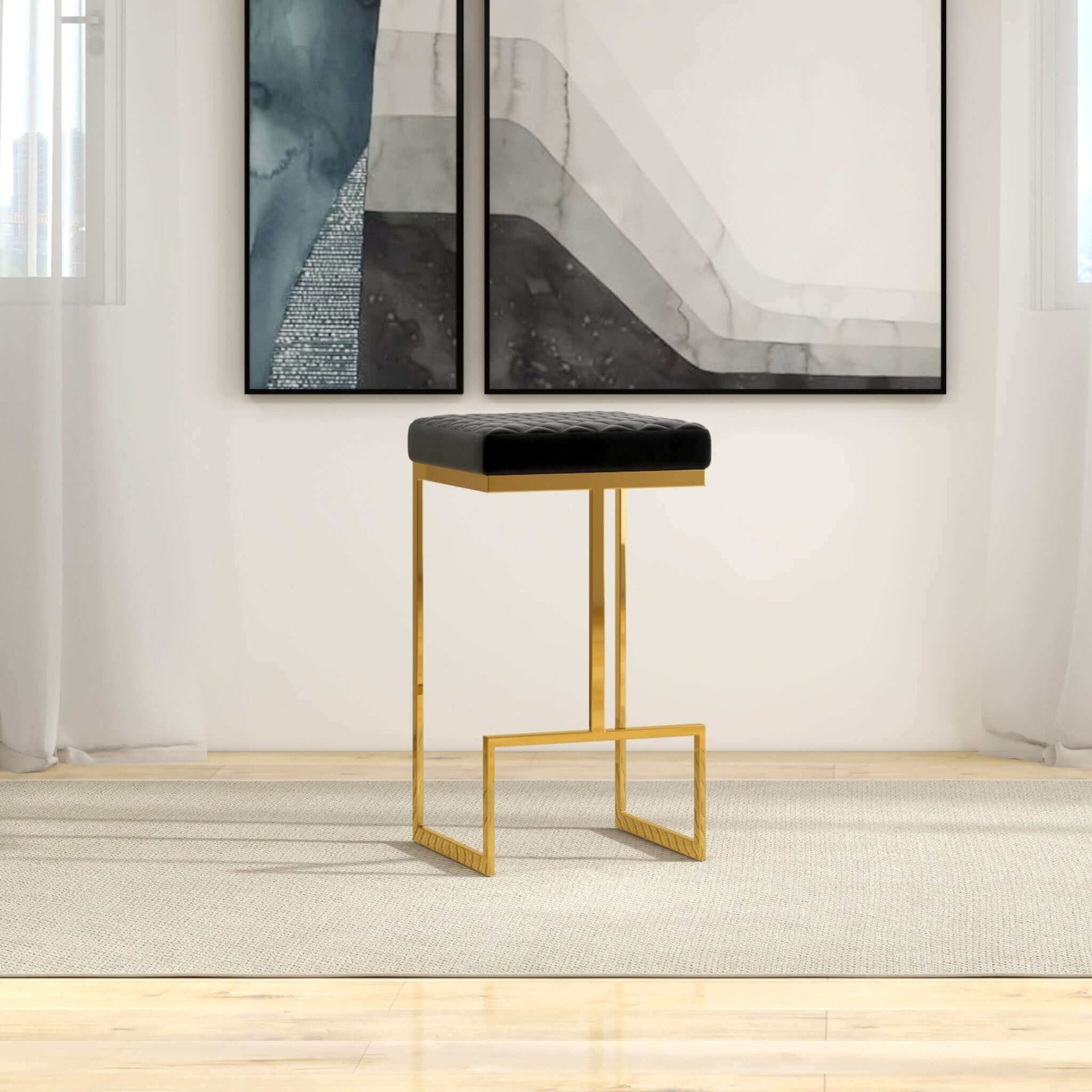 Joel - Mid-Century Modern Luxury Upholstered Stool - Black / Gold - Image 4