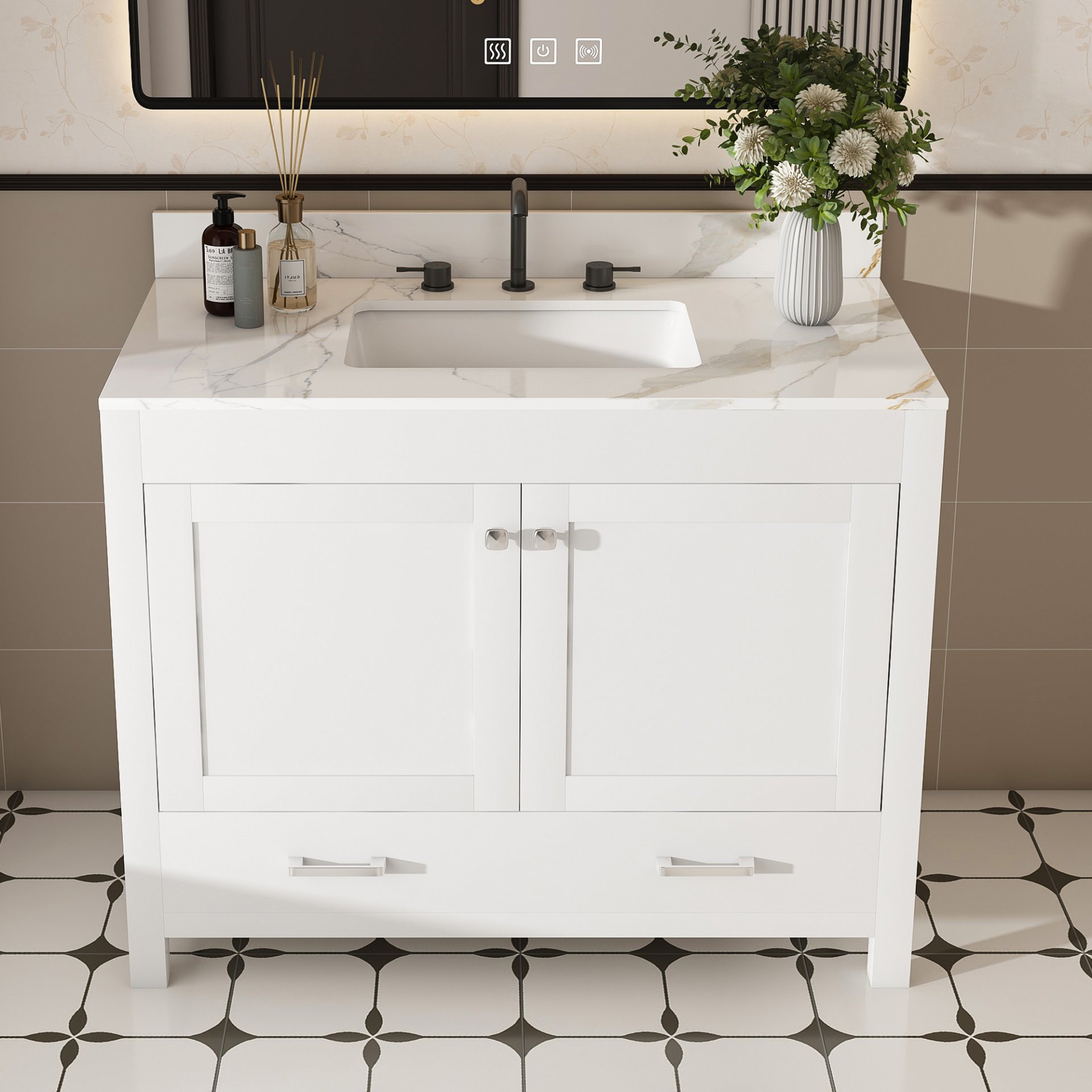 43" Bathroom Vanity, Multi Functional Cabinet With Doors And Drawer - White - Image 2