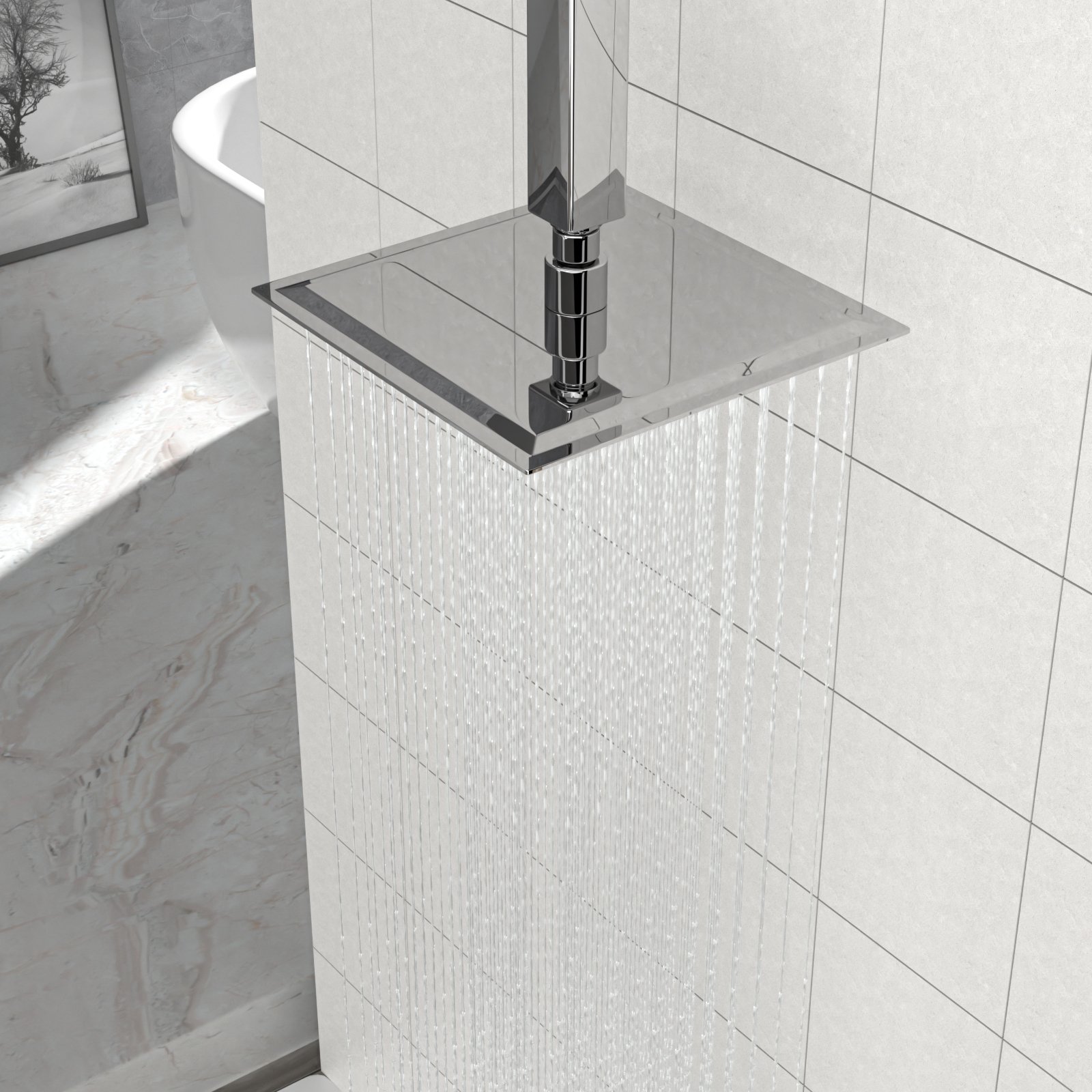 Elegant 8" Square Rainfall Shower Head, Wall / Ceiling Mounted, Stainless Steel - Chrome - Image 4