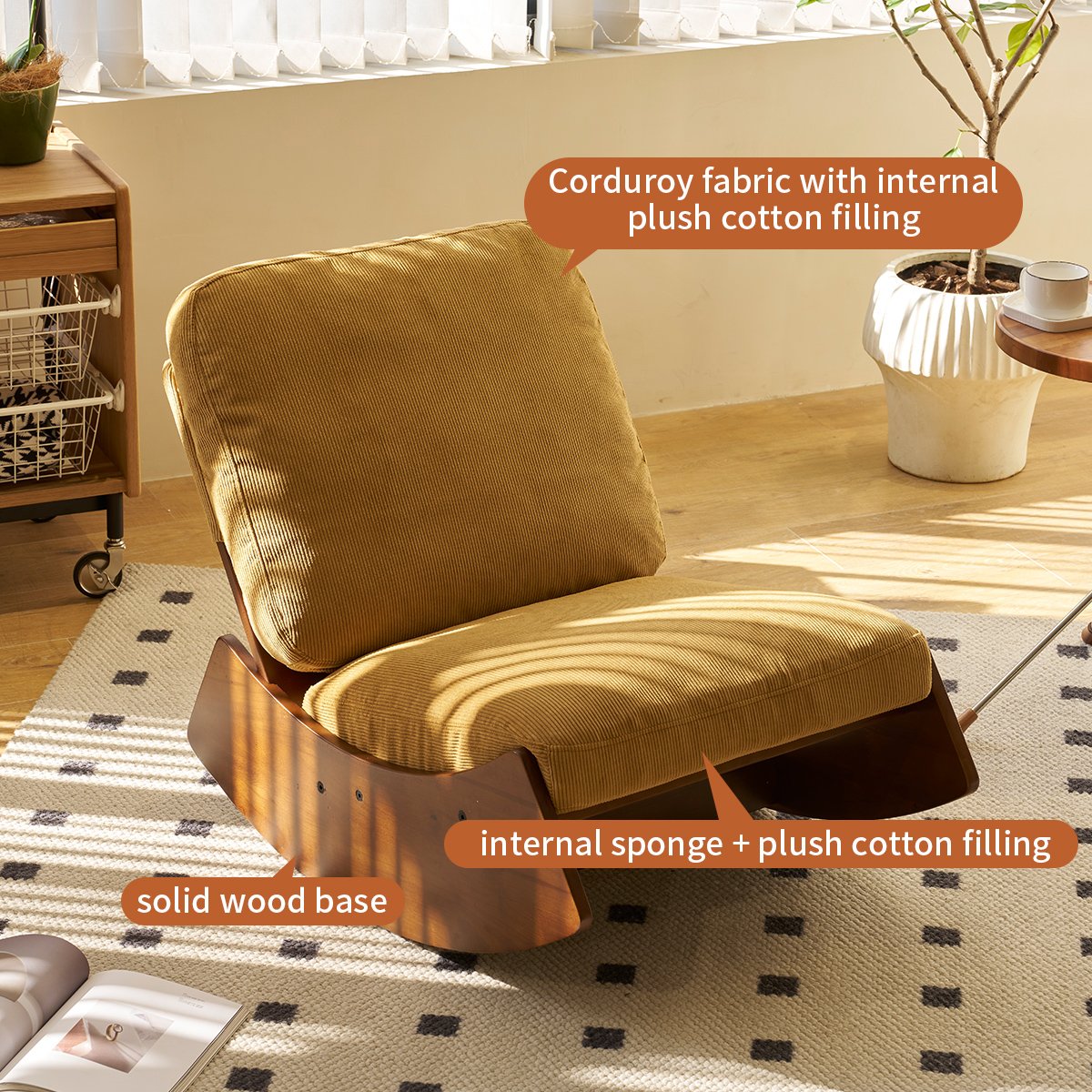 Comfortable Glider Rocking Chair, High - Quality Upholstery Glider Chair, Solid Wood Frame, Perfect For Multiple Settings Accent Reading Chair For Bedroom, Living Room, Nursery - Orange - Image 4