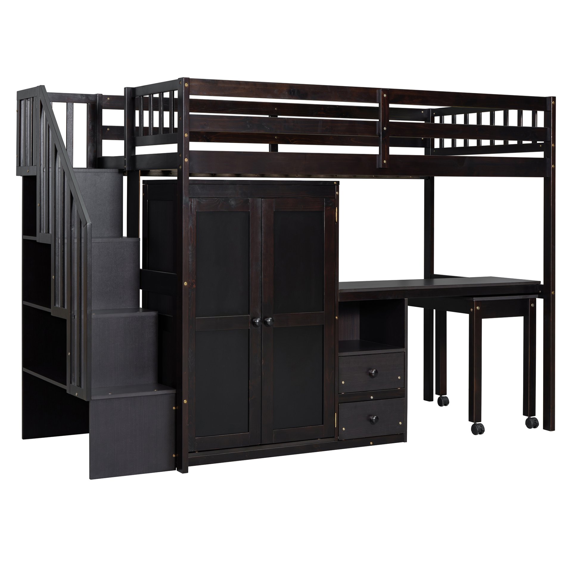 Twin Size Loft Bed With Stairs, Bookshelf, Drawers, Desk & Wardrobe, Space Saving Multifunctional Furniture - Espresso - Image 5