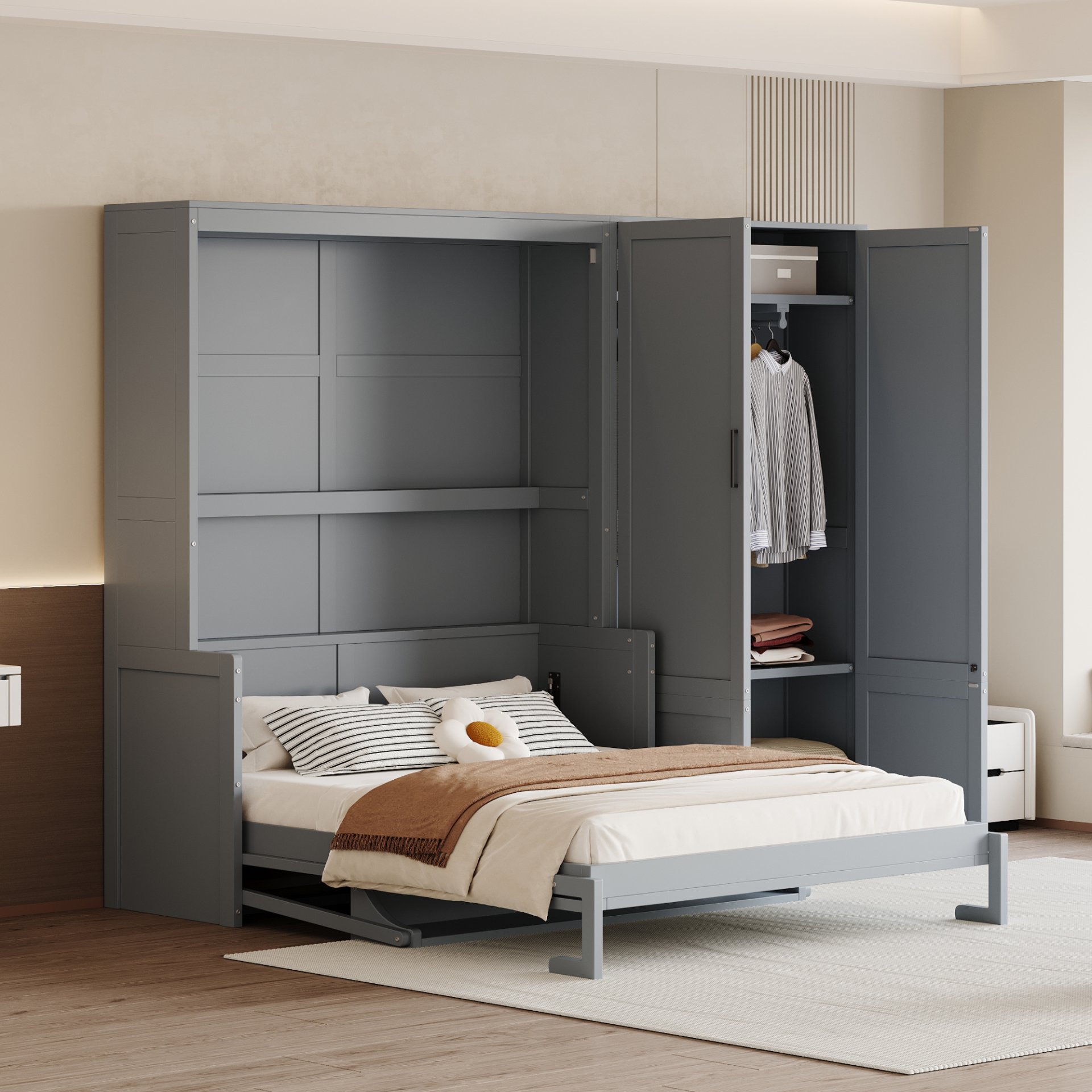 Queen Size Murphy Elegant Wall Bed With Closet - Gray - Image 2
