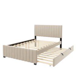 Full Size Elegant Upholstered Platform Bed With Twin Size Trundle - Beige