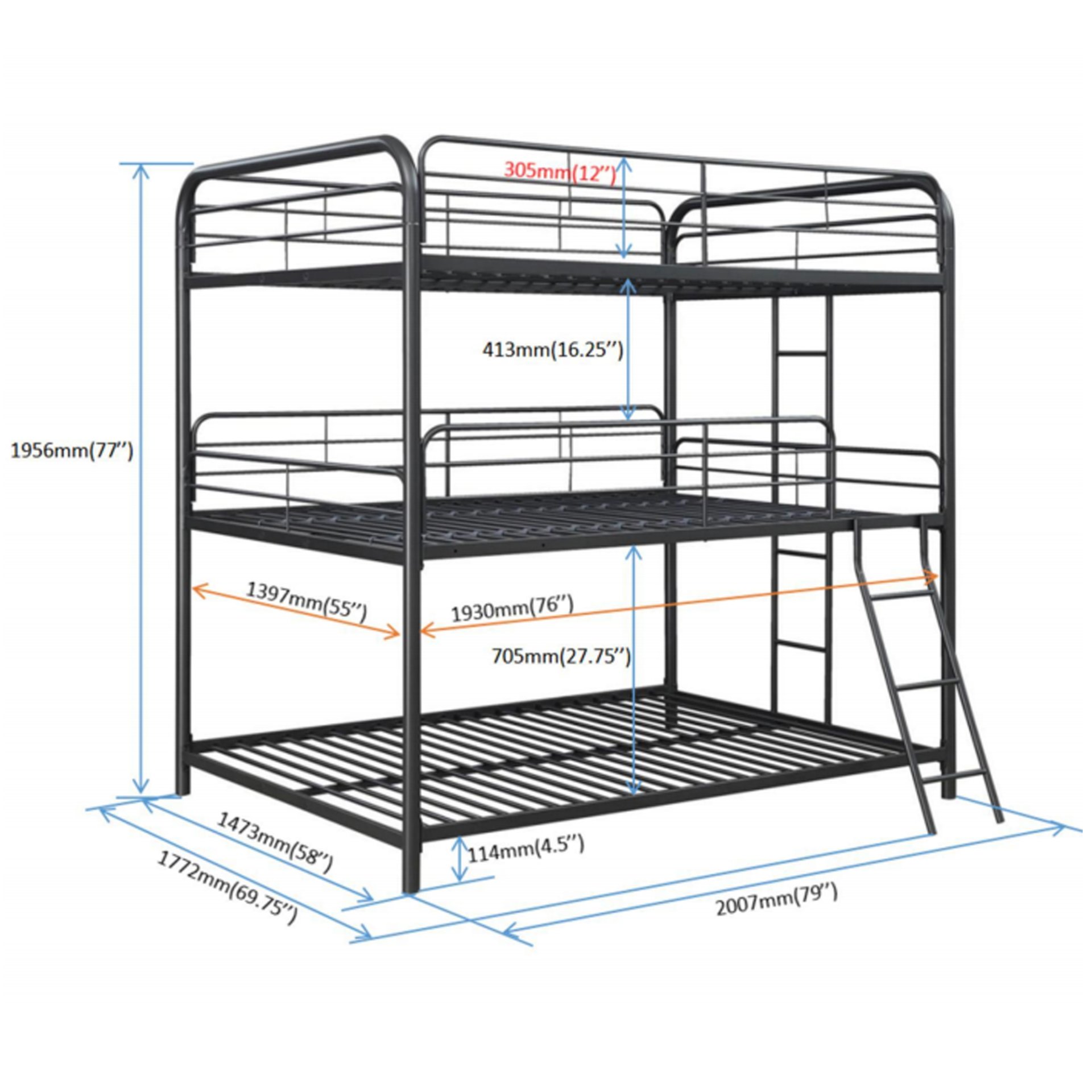 Triple Bunk Bed, Full Size With Sturdy Metal Frame And Safe Stairs - Black - Image 3