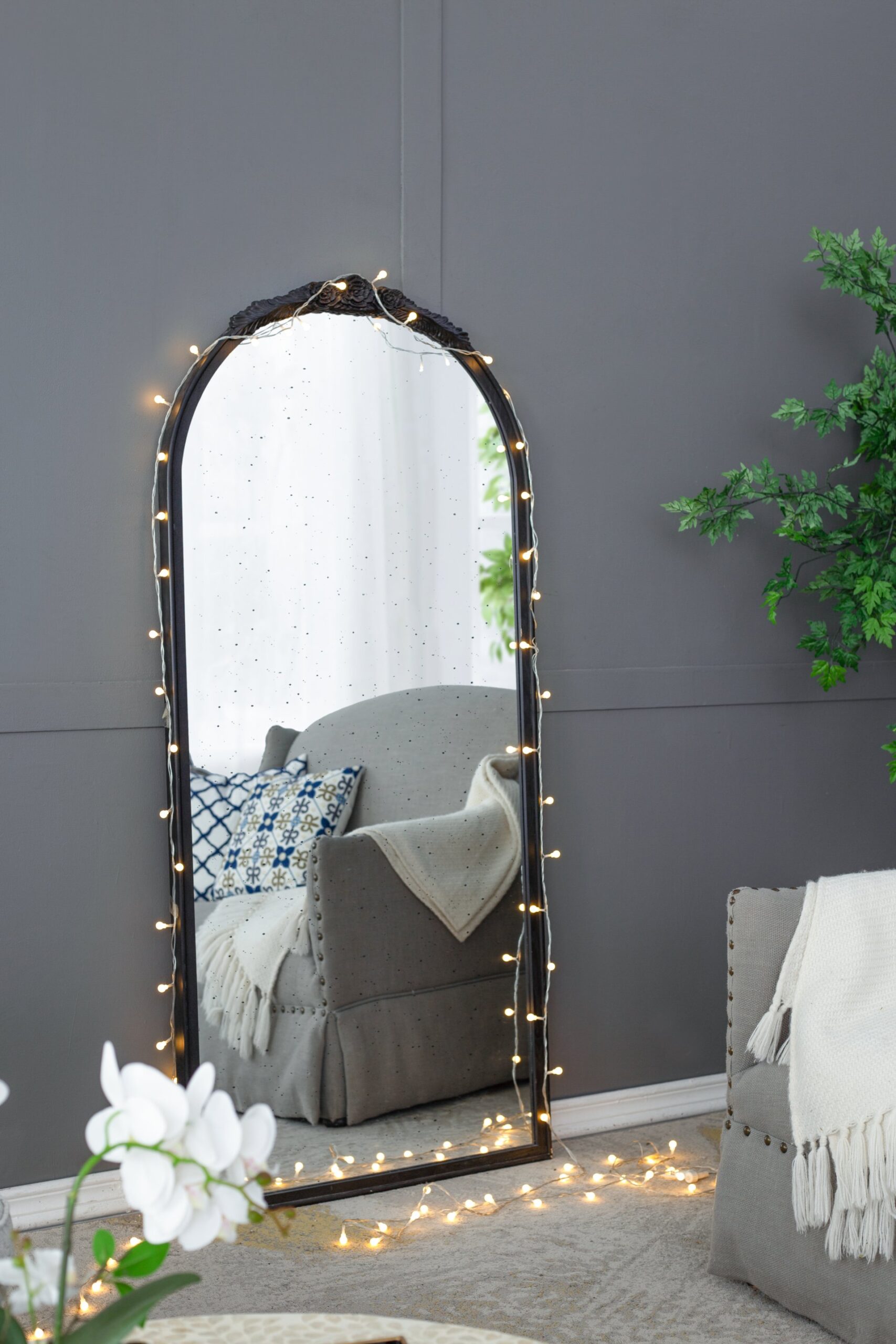 Hand Carved Rose Antique Mirror Frame, Large Arch Mirror Wall Decor For Living Room, Bathroom, Entryway - Black - Image 4