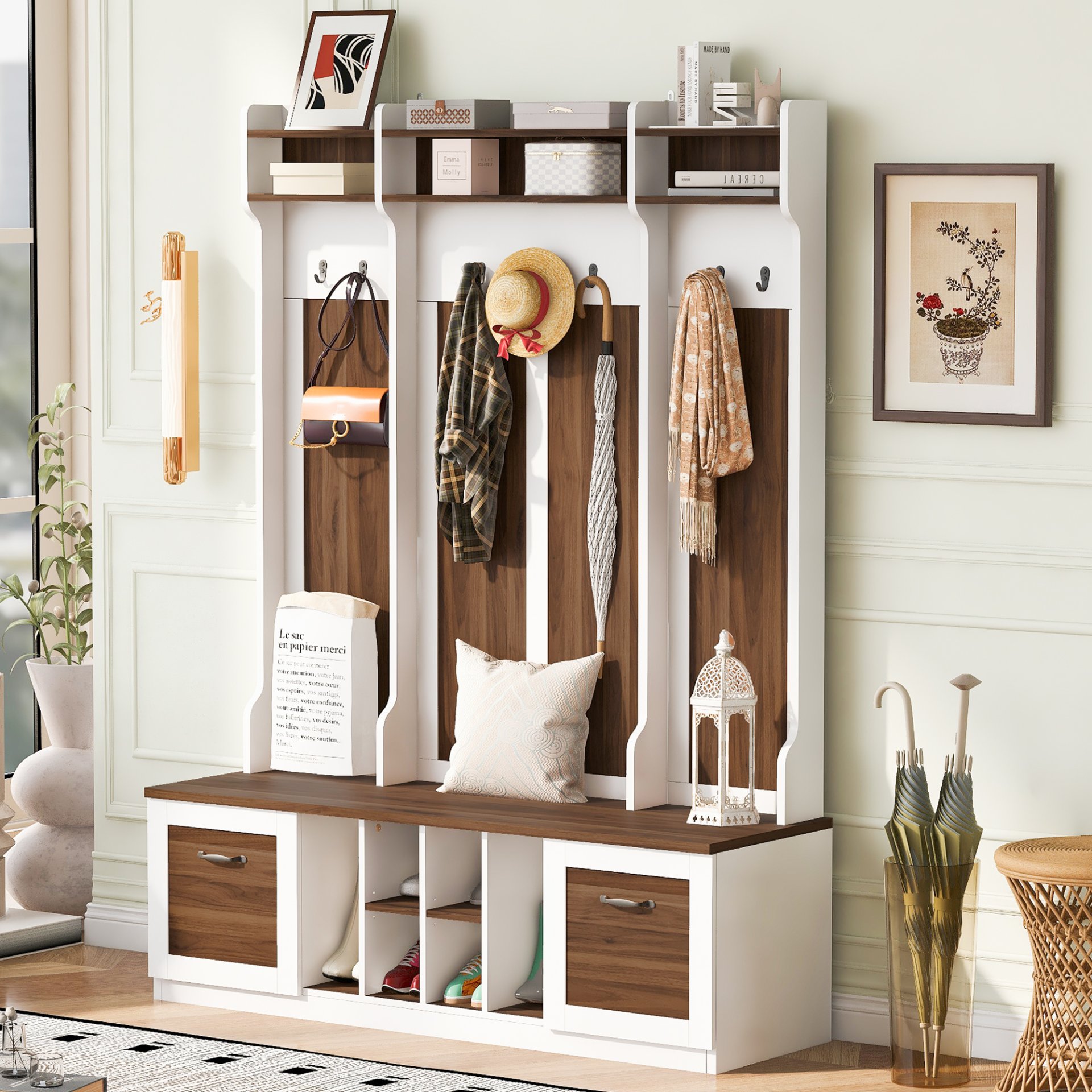 5 In 1 Entryway Bench With Coat Rack, 7 Sturdy Hooks, 2 Spacious Drawers And Adjustable Shelves, Wide Hall Tree With Metal Handles For Hallway - Brown / White - Image 5