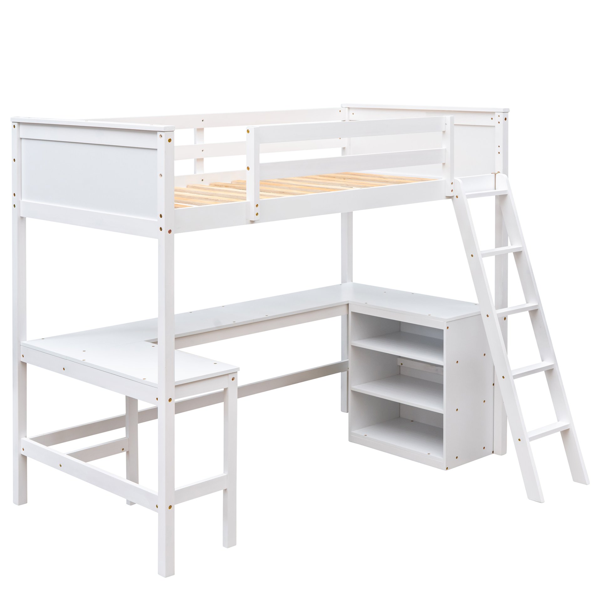 Twin Size Loft Bed With Shelves With Desk - White - Image 5