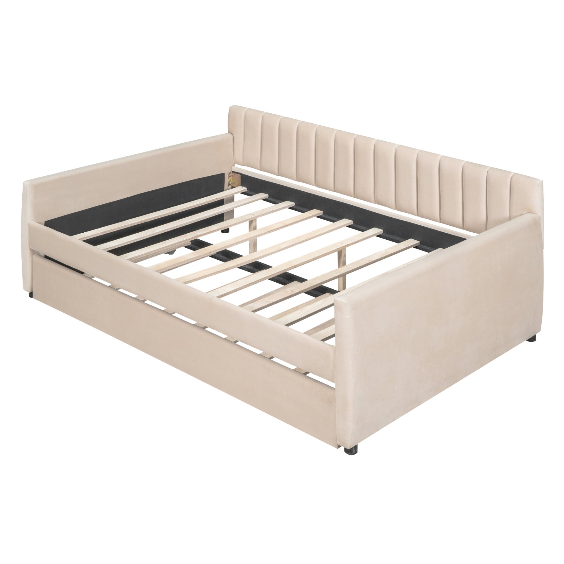 Full Size Upholstered Daybed With Trundle And Slat Support - Beige - Image 5