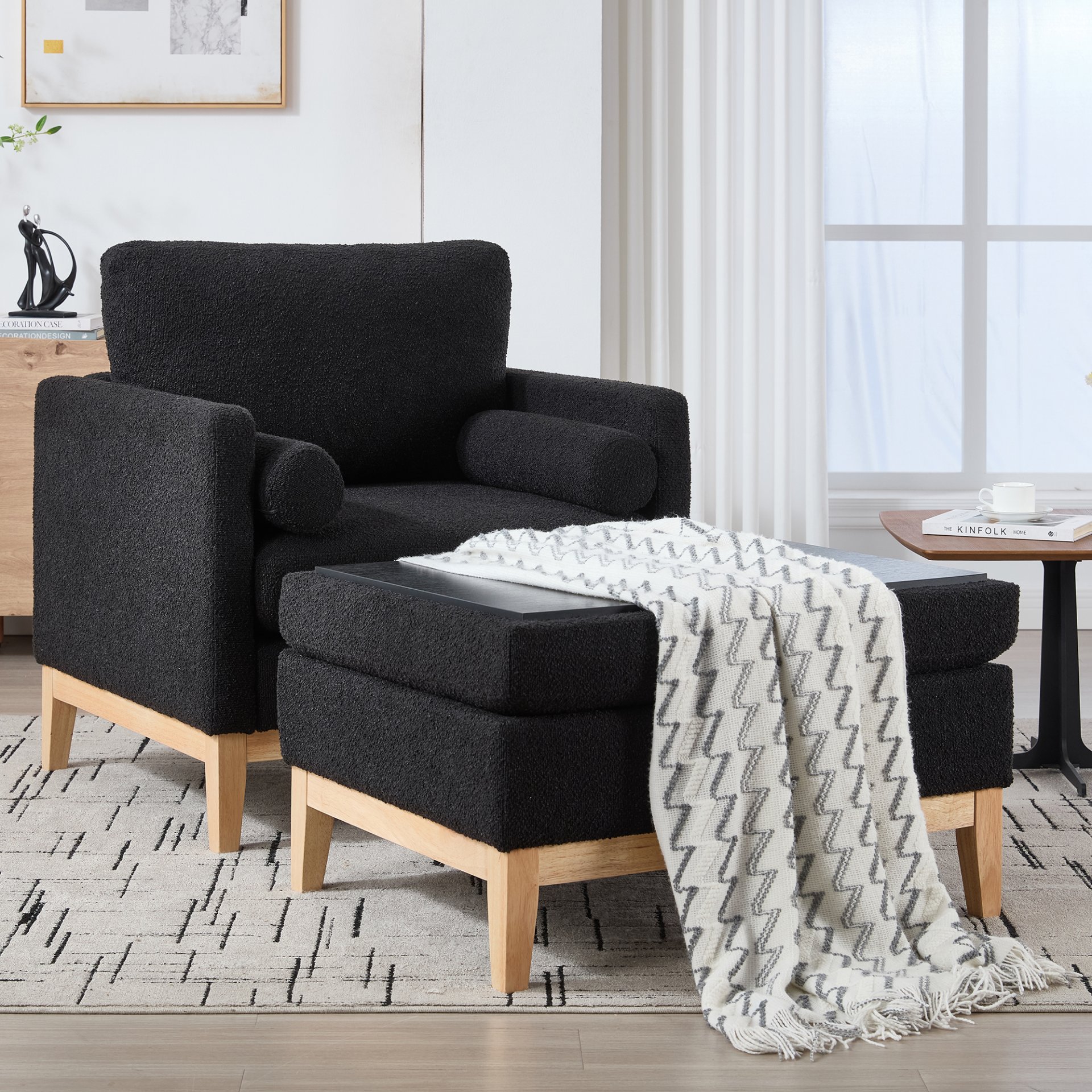 Farmhouse Upholstered Accent Chair With Ottoman Wood Base, Reversible Lid Coffee Table For Living Room - Black - Image 8