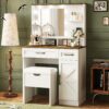 Farmhouse Makeup Vanity Desk With Mirror And Lights, 3 Lighting Modes, Vanity Set With Stool, Dressing Table With Adjustable Shelves, 2 Drawers And Side Cabinet For Bedroom - White - Image 17