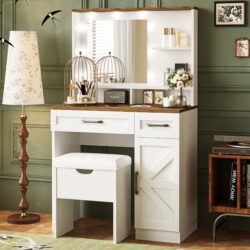 Farmhouse Makeup Vanity Desk With Mirror And Lights, 3 Lighting Modes, Vanity Set With Stool, Dressing Table With Adjustable Shelves, 2 Drawers And Side Cabinet For Bedroom - White