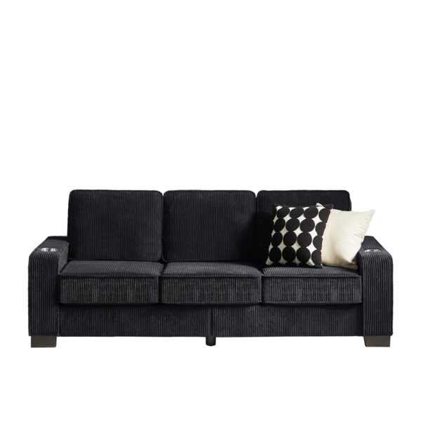 Modern Sofa 3 Seater Compressed Couch With Cup Holders - Black