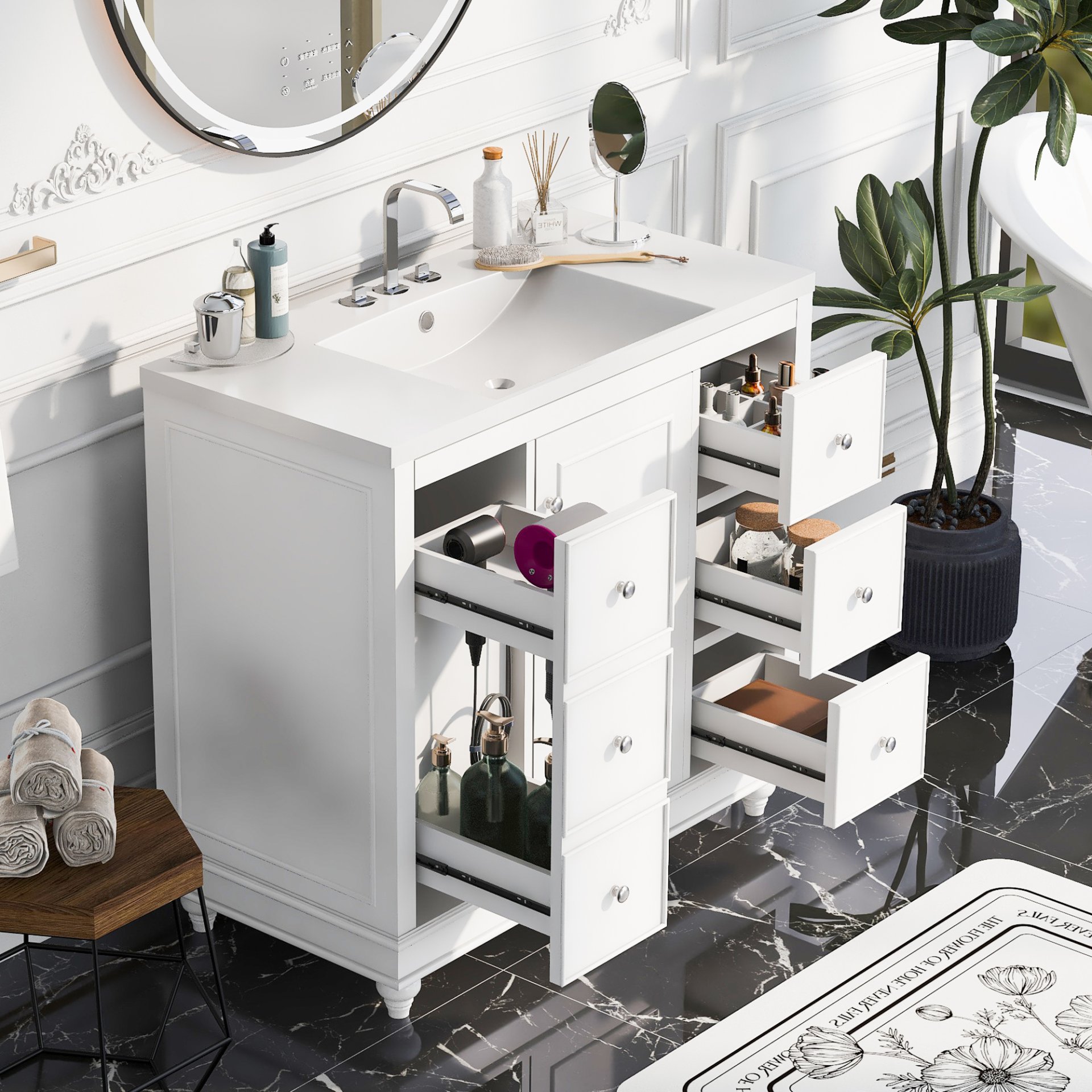 Contemporary Bathroom Vanity Cabinet, 4 Drawers & 1 Cabinet Door, Multipurpose Storage, Resin Integrated Sink, Adjustable Shelves, Solid Wood Frame With MDF - White - Image 3
