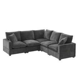 Modern L Shape Modular Sofa, 5 Seat Chenille Sectional Couch Set With 2 Pillows Included, Freely Combinable Indoor Funiture - Black / Gray