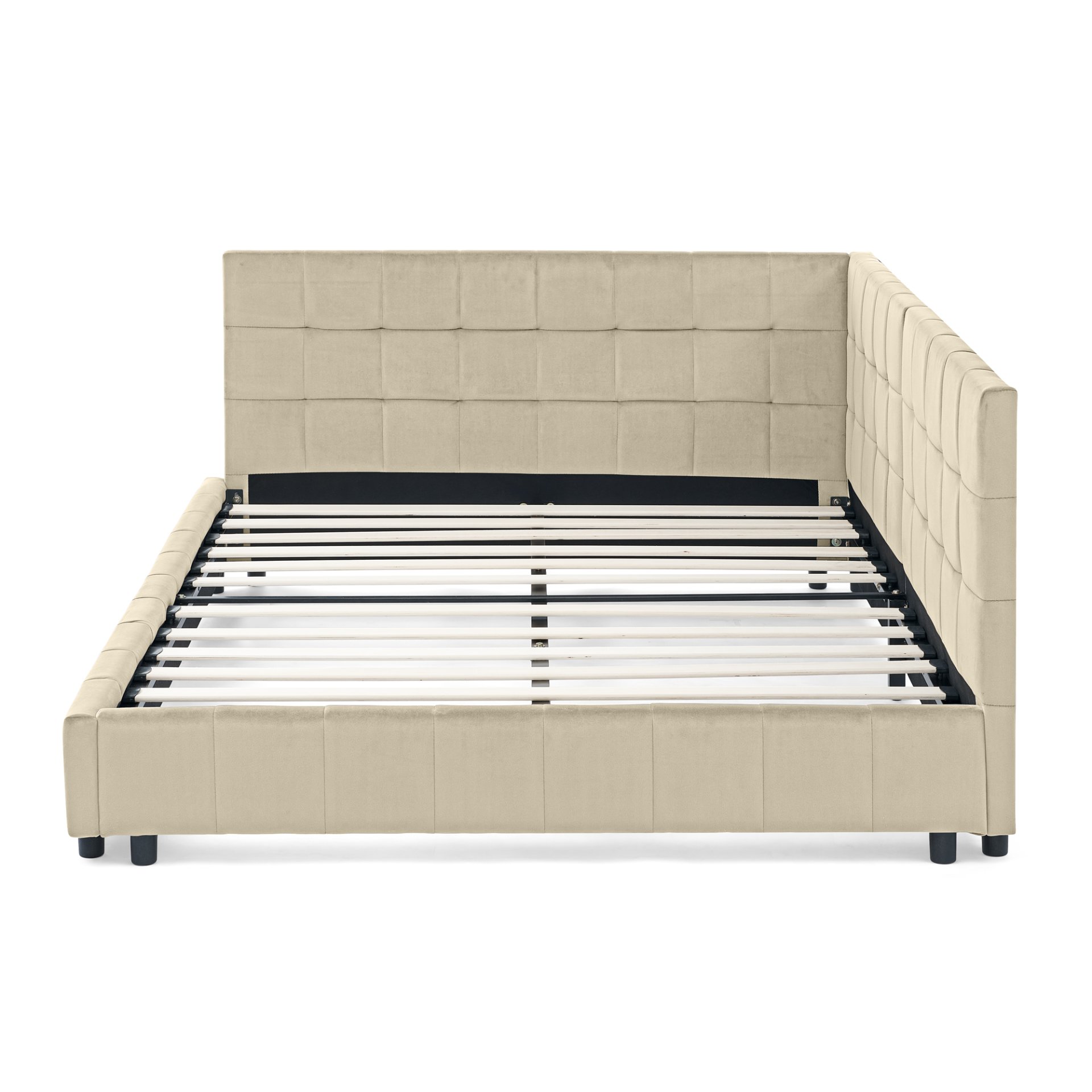 Mid Century Full Size Upholstered Tufted Bed Frame With Comfortable Backrest And Armrests Velvet - Beige - Image 12