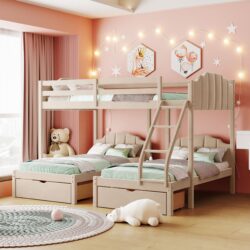 Full Over Twin & Twin Triple Bunk Bed With Drawers And Guardrails - Beige